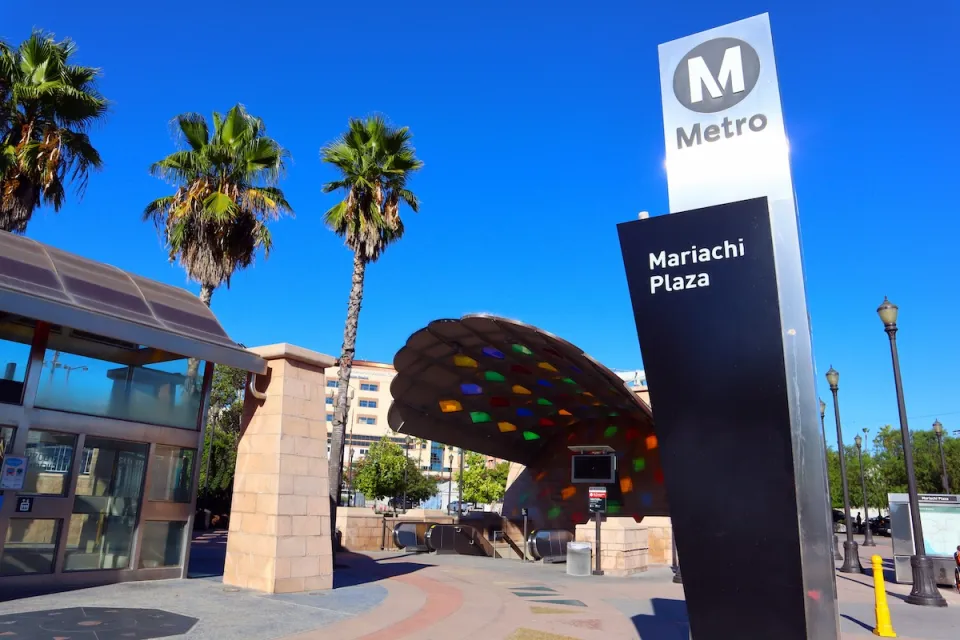 Metro rail station in Mariachi Plaza with colorful glass pavilion in Boyle Heights, Los Angeles, California.